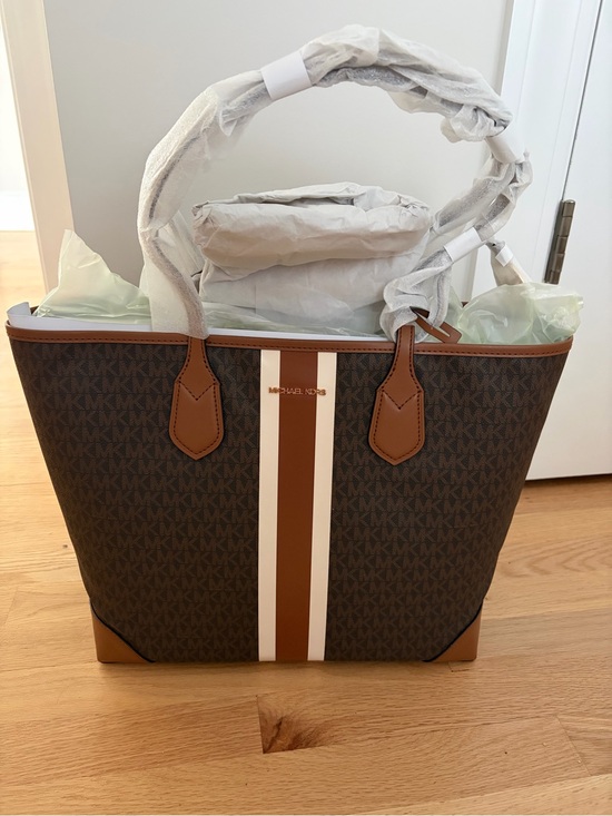 Michael Kors Handbags - Michael Kors Brown and White Stripe Logo Tote